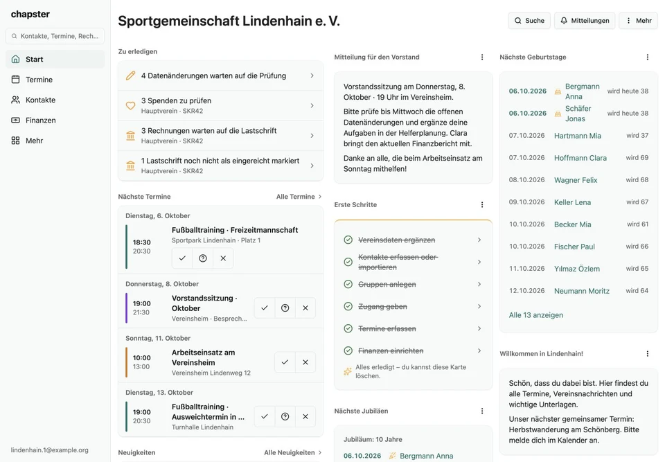 Aufgaben im Vorstand im Web – Webversion, Originalaufnahme mit fiktiven Vereinsdaten.