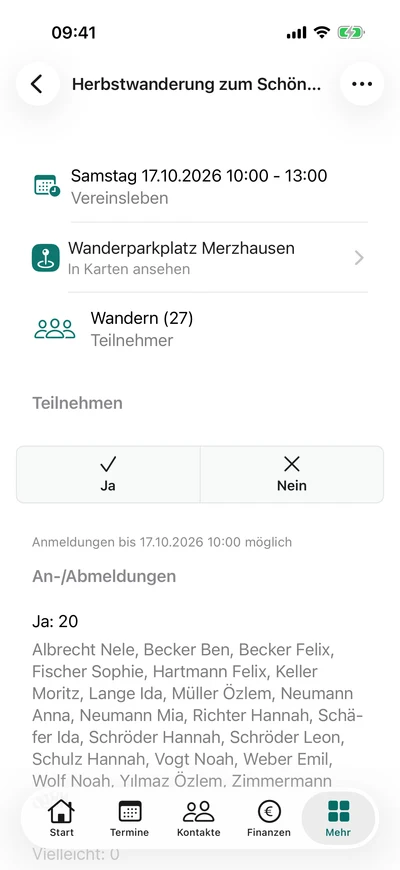 Zur Wanderung zusagen – iPhone, Originalaufnahme mit fiktiven Vereinsdaten.