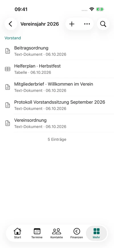 Der Vereinsordner – iPhone, Originalaufnahme mit fiktiven Vereinsdaten.